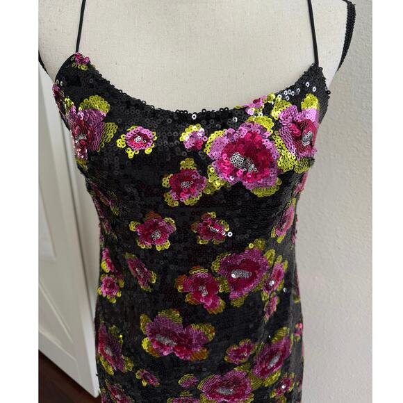 For Love & Lemons NWT Black Pink Sequin San Junipero Floral Mini Dress Medium - Picture 4 of 15